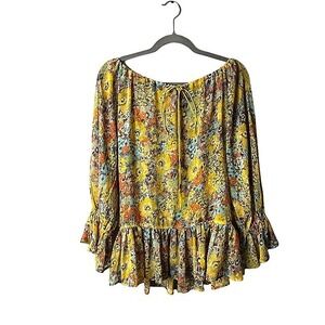 Womens Medium Floral Peasant Blouse Artsy Boho Peplum Top Flowy Cottagecore